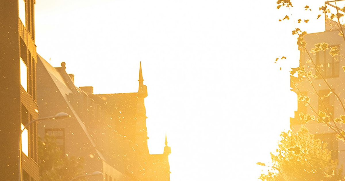 Warm golden evening light over a city